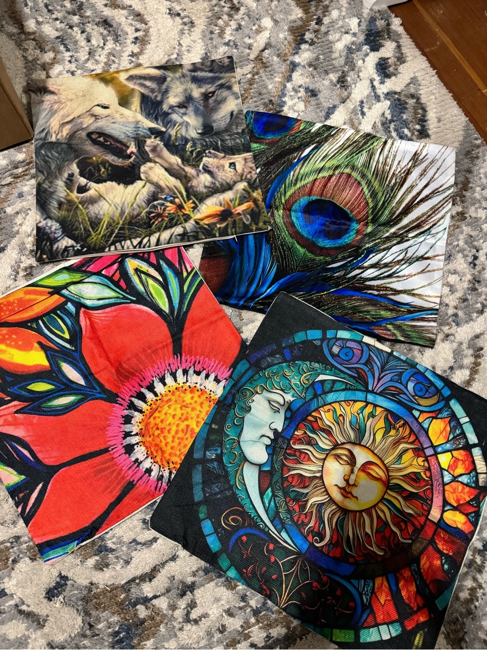 Set of 4 Vibrant Art Canvas Pillow Covers - Sun, Moon, Peacock, Floral, Wolf